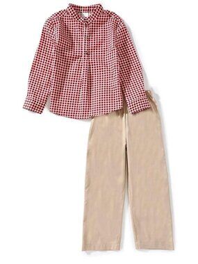 Edgehill Collection Boys 2-Pc Gingham Henley Shirt Khaki Pants Set Size 6 NWT